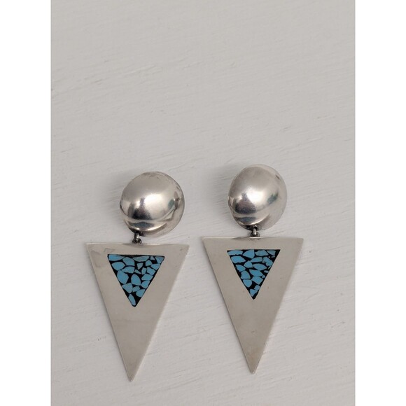 Vintage Sterling Silver Channel Inlay Turquoise Arrowhead Earring Native America - Picture 2 of 7